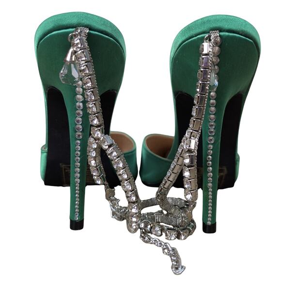 Azalea Wang Ashley Stiletto Heels 6 Green Rhinestone Ankle Strap Pointed Toe - Picture 7 of 10